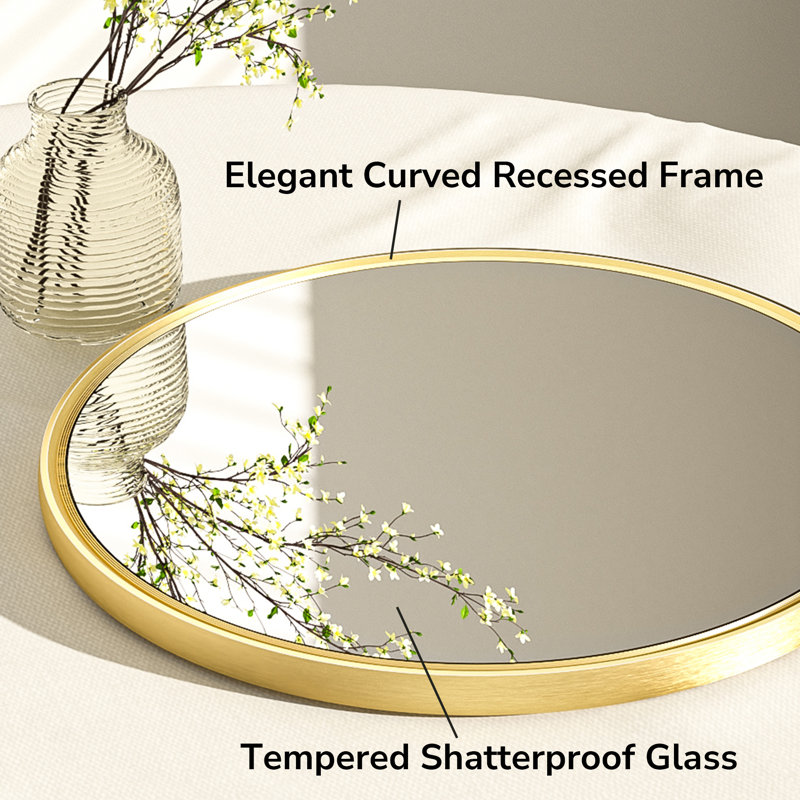 Evangelista Aluminum Alloy Framed Tempered Glass Round Wall Mirror, 32" x 32", Brushed Gold