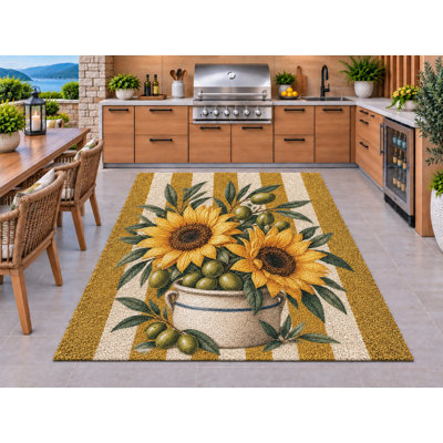 Tapis d'extérieur 5' x 7' avec vase en céramique tournesol et olives, tapis épais, solide et imperméable en PVC à boucles, tapis de patio robuste, tapis intérieur/extérieur à séchage rapide pour cuisine, porche, terrasse, balcon et entrée.