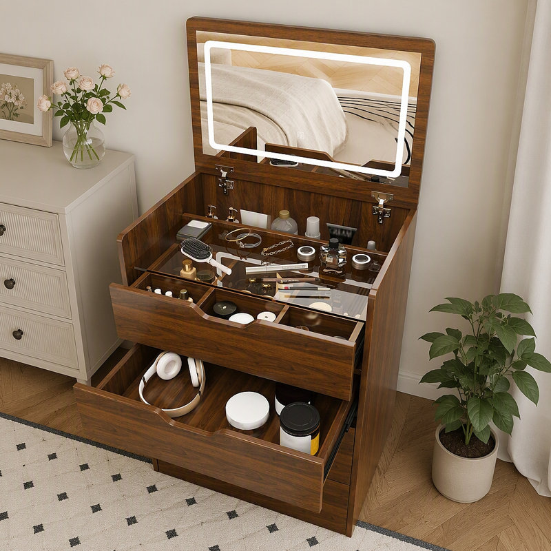 Bureau de coiffeuse 3 en 1 avec miroir éclairé et tabouret, coiffeuse à plateau rabattable, rangement compact pour la chambre à coucher, la salle de bain et le vestiaire (L 23,62 po)