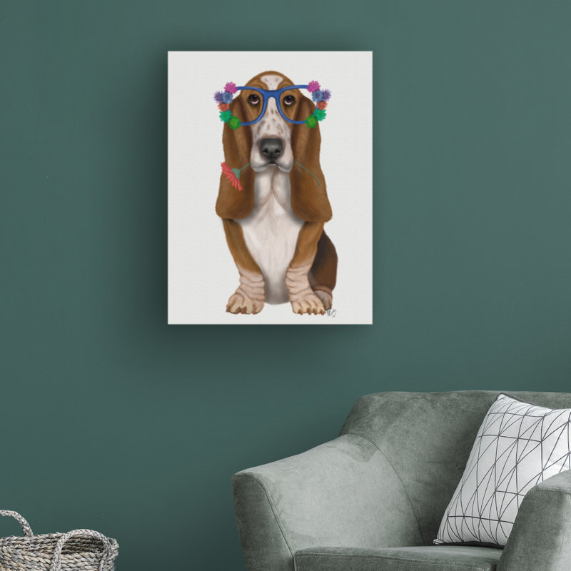 «Basset Hound Flower Glasses» par Fab Funky, impression sur toile tendue