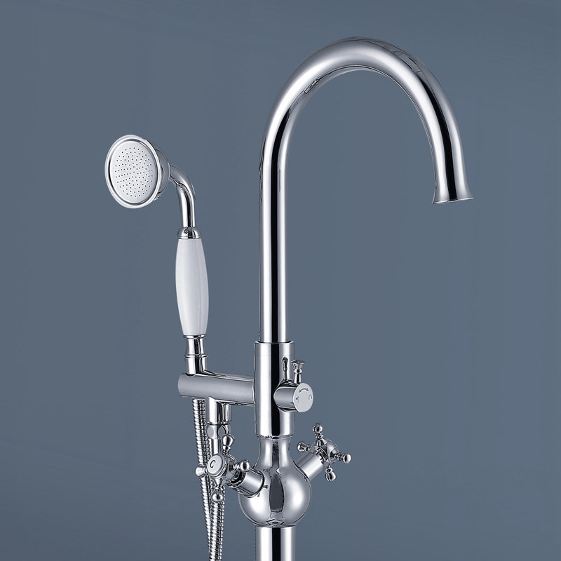 Robinet de baignoire autoportant à poignée double Topcraft avec douche à main, chrome, Chrome chrome