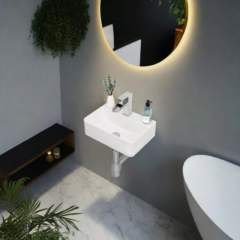 Lavabo mural rectangulaire en céramique blanche de 37 x 25 cm, lavabo suspendu compact avec un seul trou de robinetterie, bonde de 4,5 cm, hauteur de 10,7 cm, pour petites salles de bain et salles d'eau.