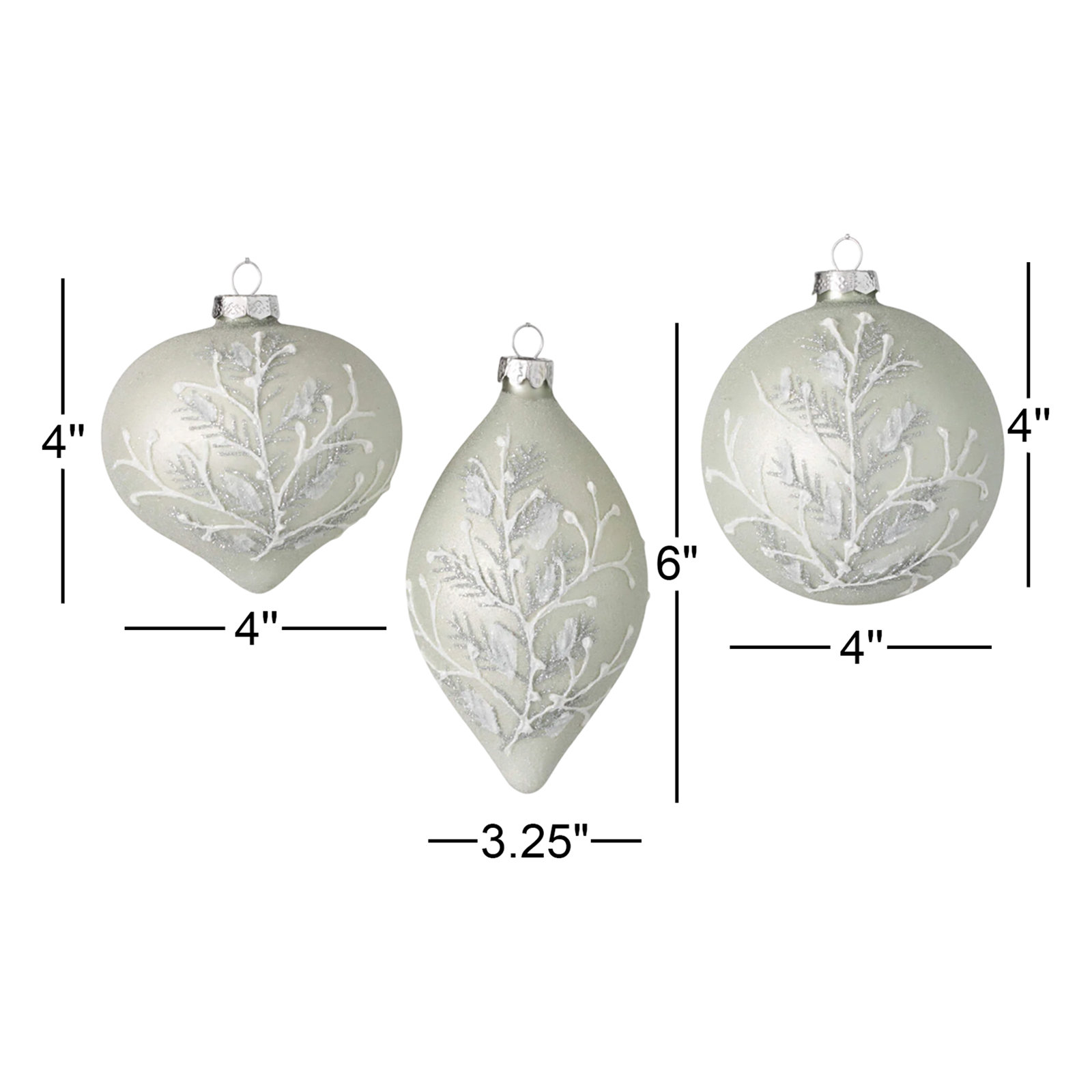 4", 6" & 4" Christmas Embellished Ornament Trio Set of 3, White-Silver