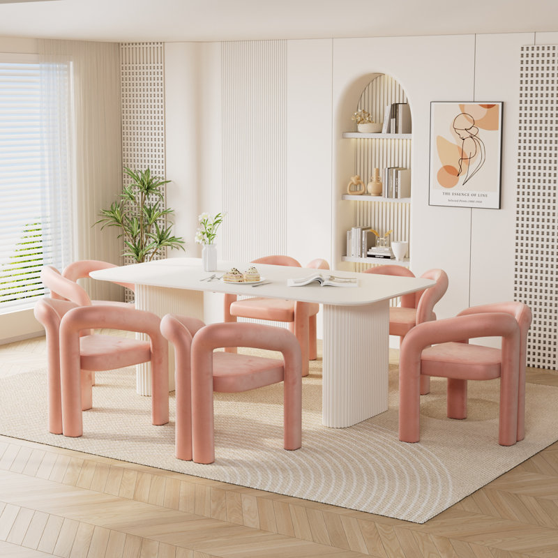 Ensemble de table de salle à manger moderne à double piédestal, 7, Rose