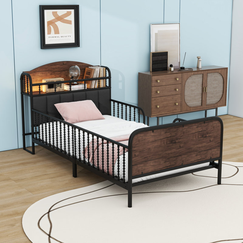 Lit plateforme en métal pour enfants avec tête de lit à DEL et rangement, Simple, Noir