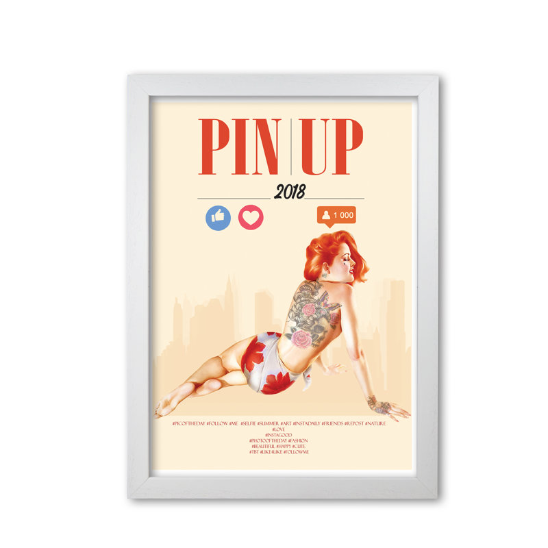 Redhead Pin Up Girl - Print, White Grain Frame, 42 cm H x 30 cm W x 5 cm D