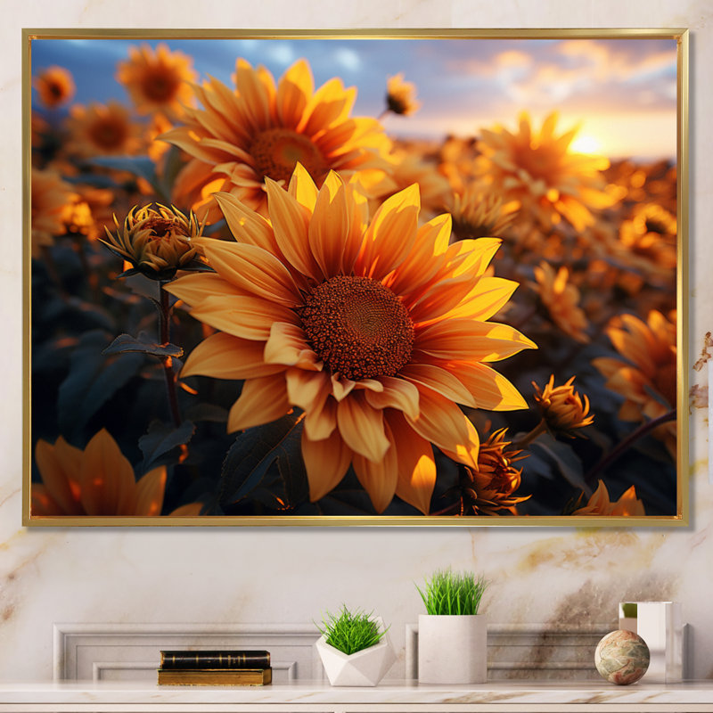 Décoration murale jaune tournesols champ jaune - tournesols, H 30 po x l 40 po x P 1,5 po, Cadre flottant doré
