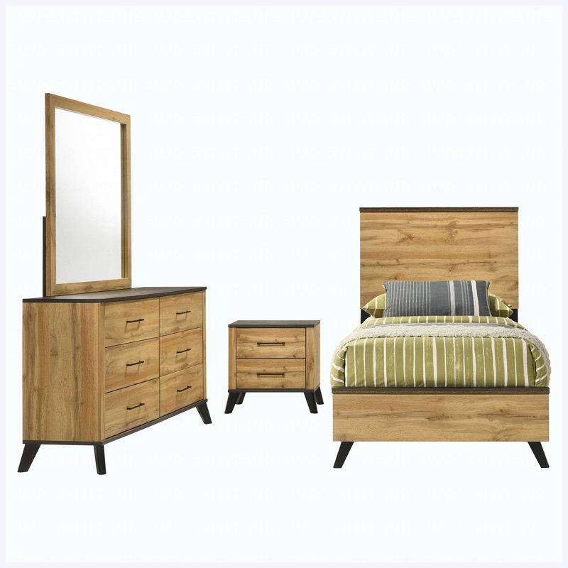Ensemble de chambre à coucher simple 4 pièces Natural Pine, 4 Pcs: Bed, Nightstand, Dresser, Mirror, Twin