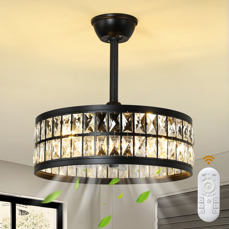 19" Modern Caged Crystal Ceiling Fan With Light Kit And Remote Control