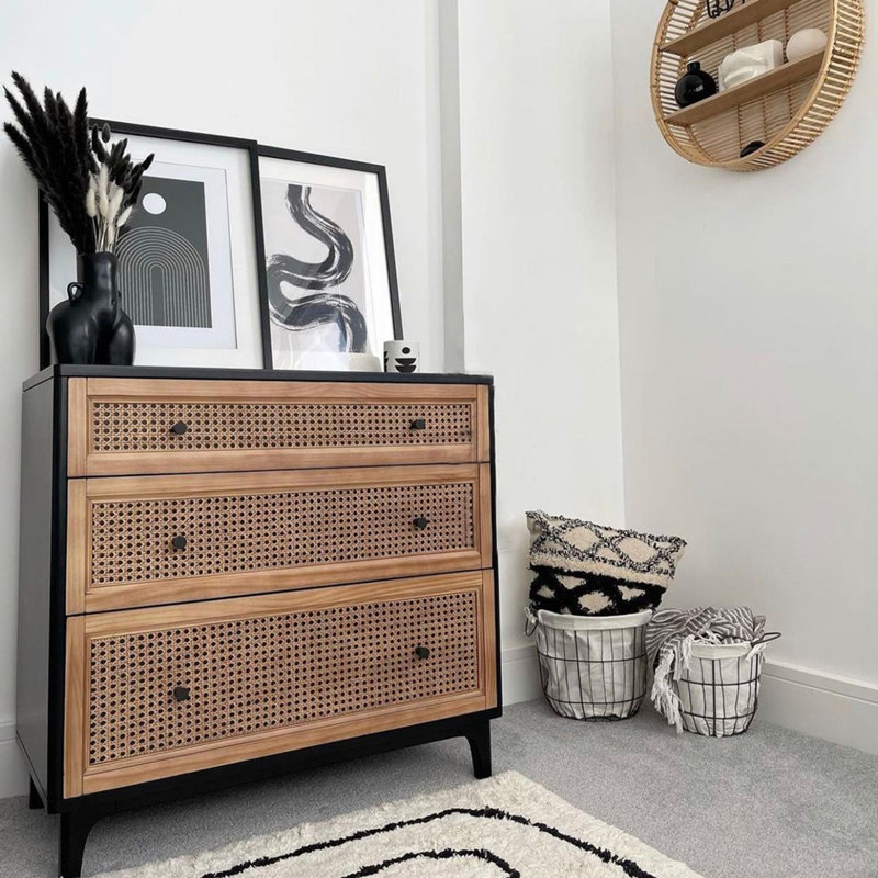 Chic Rattan 3-Drawer Chest, Brass Knobs