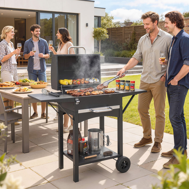 Barbecue au charbon avec 2 tables d'appoint, barbecue avec roues