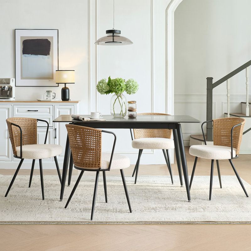 19" Seat Height Rattan Dining Chair - Wingback Dining Room Seat With Metal Legs For Home, Kitchen(Set of 2), Natural, 2