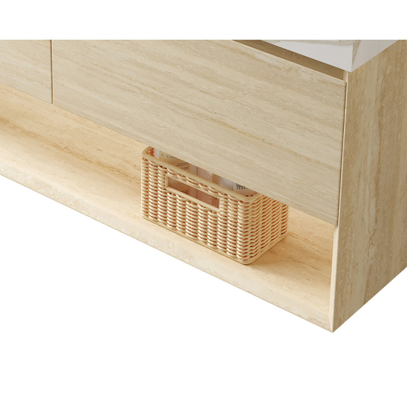 Armoire murale 48 po avec deux tiroirs et tablette ouverte, sans comptoir ni lavabo, sans robinet ni drain, finition texturée en travertin