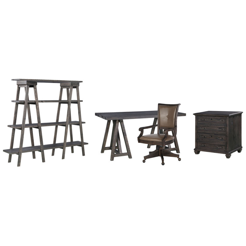 Desk With Chair Lateral File And Bookshelf, 4 Pieces: Desk, Chair, Filing Cabinet, Bookshelf, Weathered Charcoal