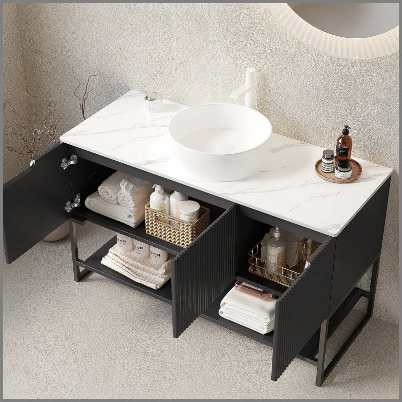 Meuble-lavabo autoportant de 48 po avec lavabo 48 po avec lavabo, meuble-lavabo autoportant avec 3 portes et tablette ouverte