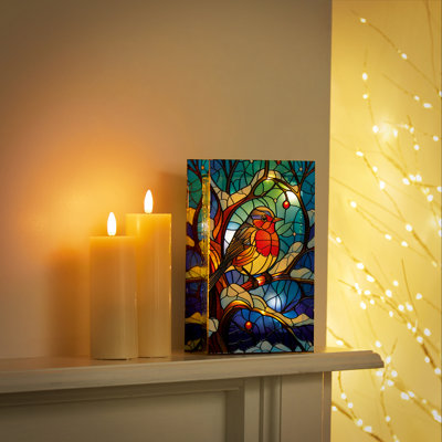 Lit Robin Stained Glass Table Top Decoration