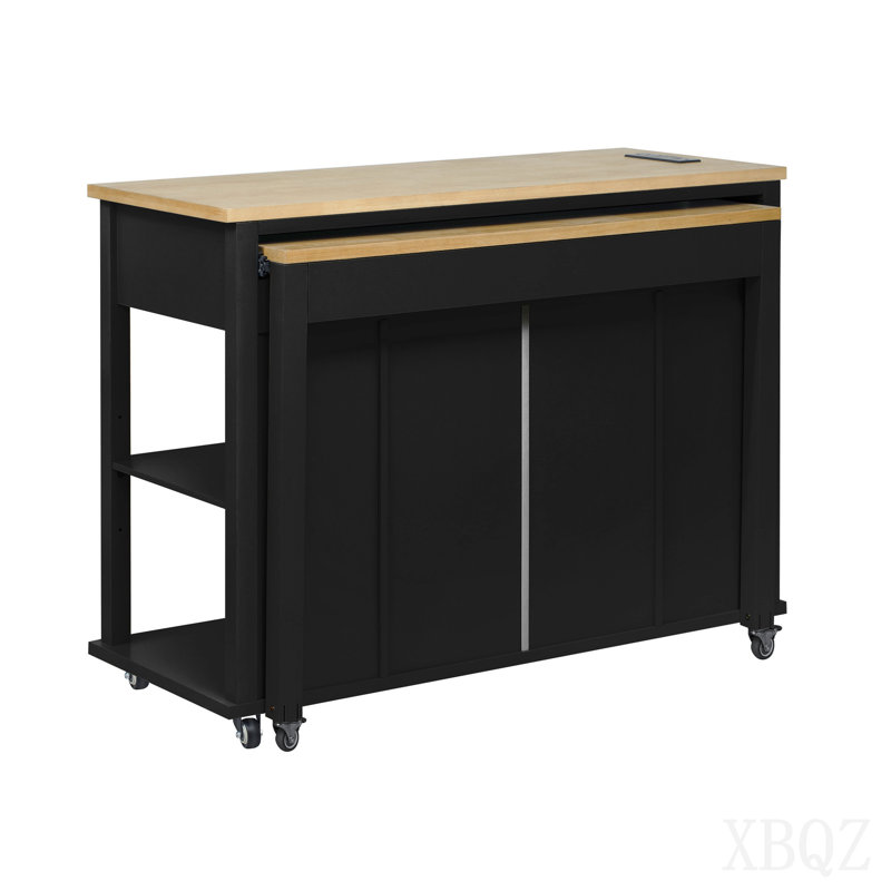 47 inch Kitchen Island with Extendable Dining Table, Rubber Wood Veneer Kitchen Table with Internal Storage Rack, Power Outlet, Kitchen island with Storage 2 Drawers 2 Cabinet, Black