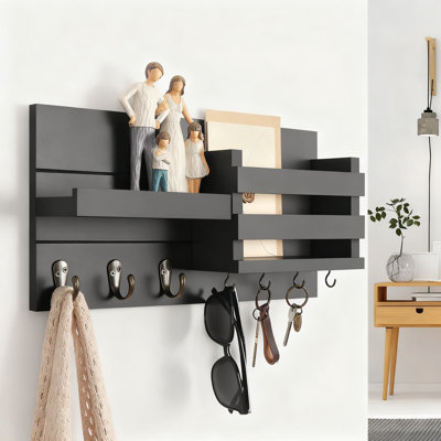 Organisateur de courrier mural avec crochets à clés et tablette, organisateur de vestibule en bois rustique pour lettres, manteaux, laisses et lunettes de soleil, quincaillerie d'installation incluse