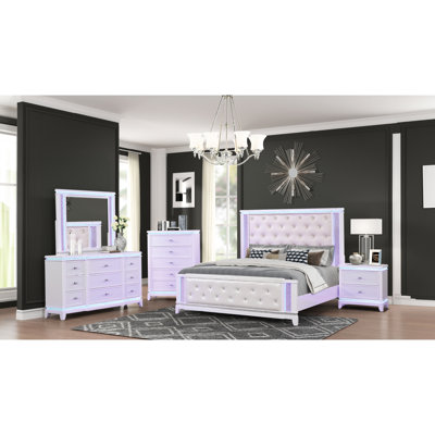 King Bed Of Milky White, Lighted Headboard, Modern Style And Crystal - Like Look For Bedroom With Design White Appearance