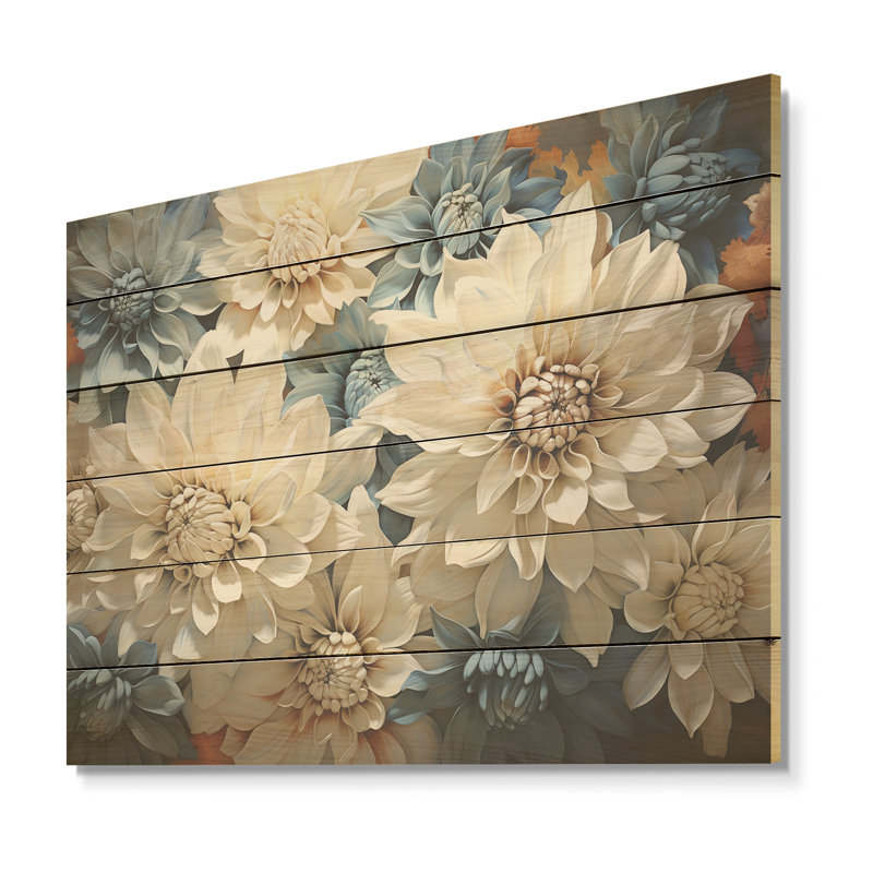 Collage de chrysanthèmes blancs et bleus - art mural sur bois de pin naturel, H 10 po x l 20 po