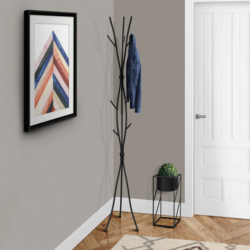 Coat Rack, Hall Tree, Free Standing, 11 Hooks, Entryway, 74"h, Bedroom, Black Metal, Contemporary, Modern, Black