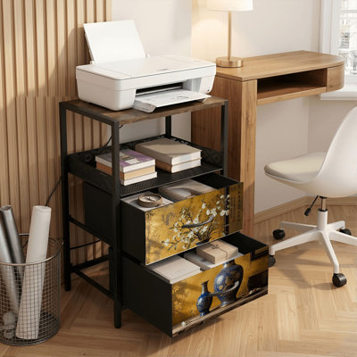 Table de chevet 2 tiroirs avec station de charge, table de chevet pour chambre à coucher avec ports USB, tablette ouverte noire, table de chevet avec vases or bleu et branches blanches