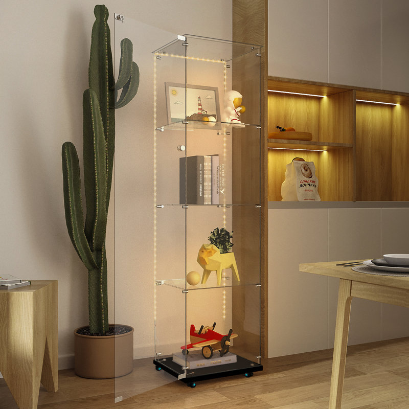 Modern White Tempered Glass Display Cabinet With Bluetooth Led Lights, Smart Motion Sensor, Locking Casters, And Adjustable Shelves