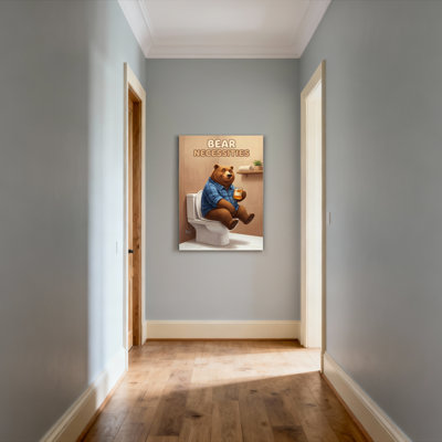 Bear Necessities Canvas Wrapped Wall Art Oil Painting Print Humorous Bear On Toilet Holding Beer Bathroom Decor (Set Of 1)