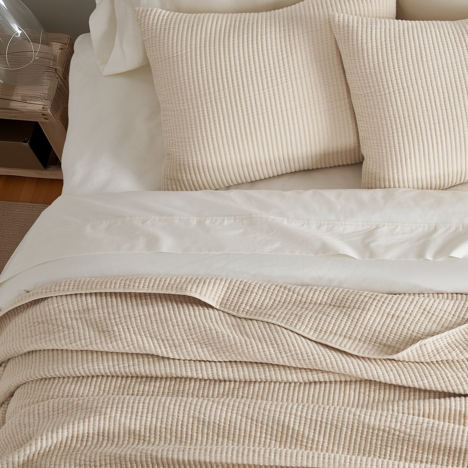 Ribbed Matelassé Cotton Coverlet Set, Beige, King Quilt + 2 King Shams