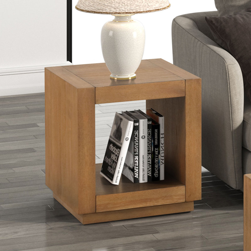 Table de bout carrée avec socle, tablette inférieure ouverte, salon moyen contemporain à finition chêne moyen