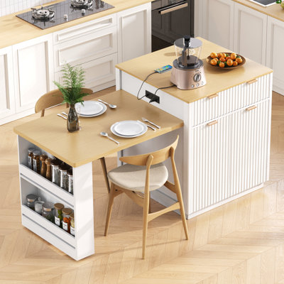 82.6" Fluted Kitchen Island With Extendable Dining Table For 4-6, Island Table For Kitchen With Power Outlet, Kitchen Table With Double-side Storage,