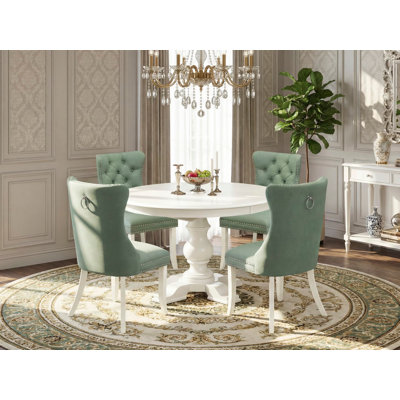 Ensemble de table de salle à manger 5 pièces 4 chaises rembourrées vert saule avec tissu en polyester et table ronde / ovale - finition lin blanc.