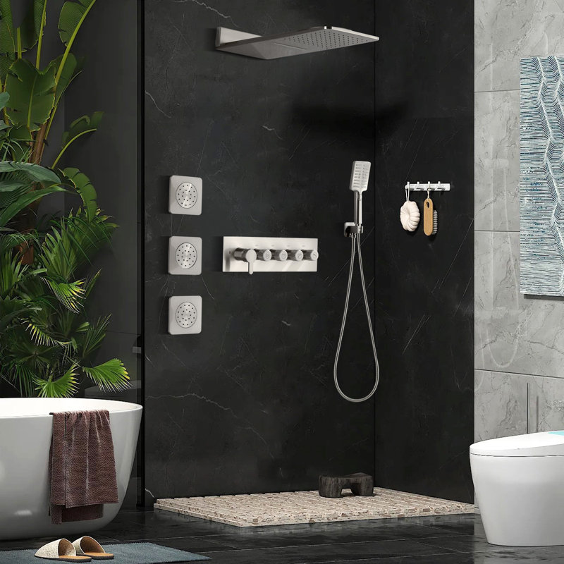 Wall Mounted Waterfall Rain Shower System With 3 Body Jets And Handheld Shower Set, Brushed Nickel