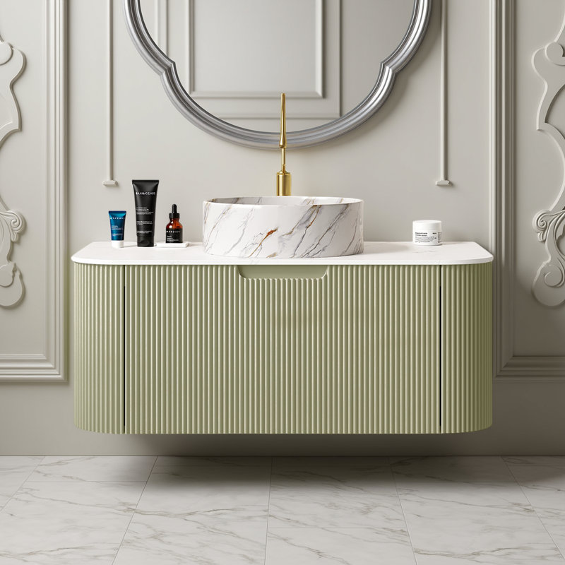 Floating Bathroom Vanity - White Ceramic Bowl Sink & Stone Countertop (Pre-Assembled, No Faucet), Green, 36"