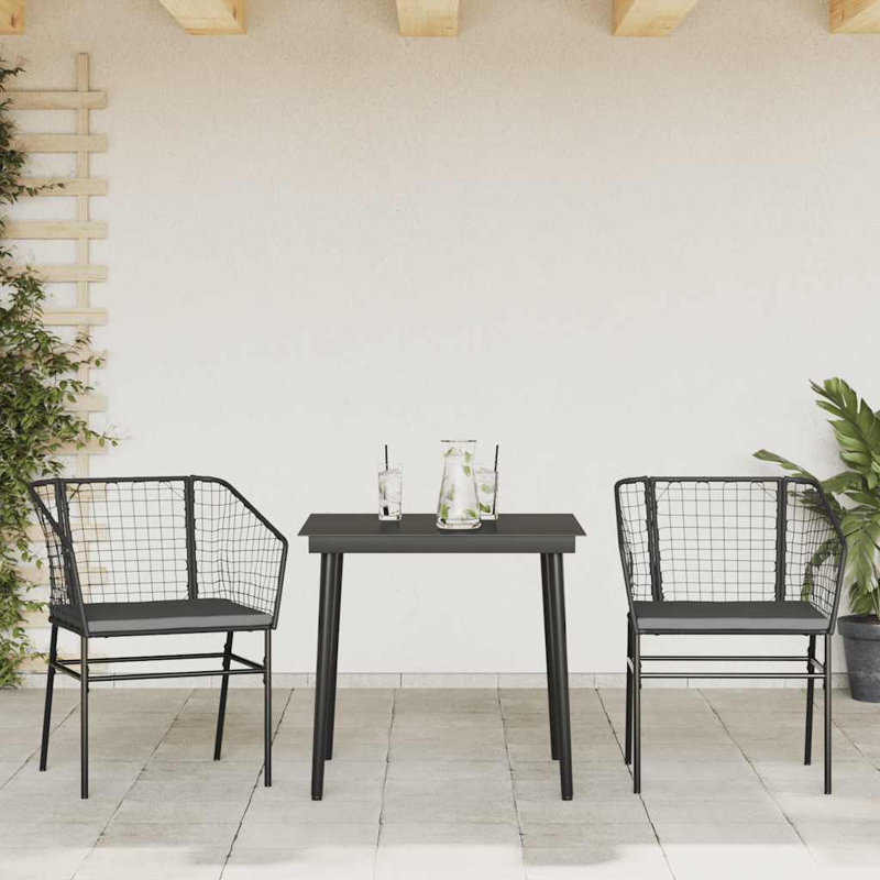 Ensemble repas de patio avec coussins en verre et poly rotin, H 29,1 po x l 31,5 po x L 31,5 po, 2, Noir / Noir