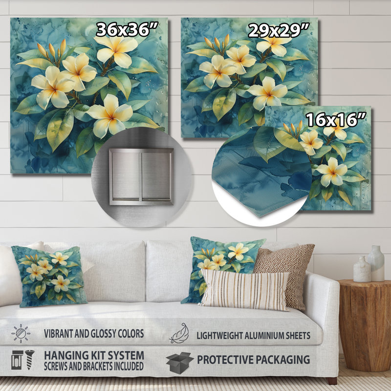 Plumeria jaune tropical, oasis II - art mural Plumeria, Métal métal, H 30 po x l 30 po x P 1 po