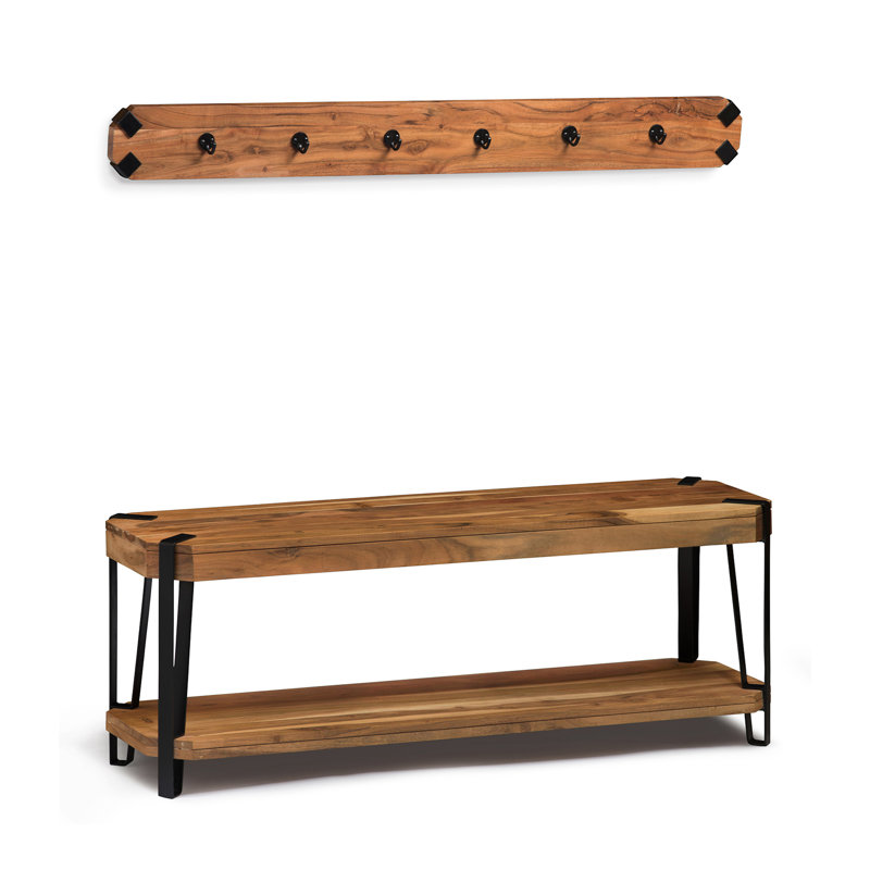 Ensemble de crochets et bancs muraux en bois massif de style industriel avec rangement Tindal
