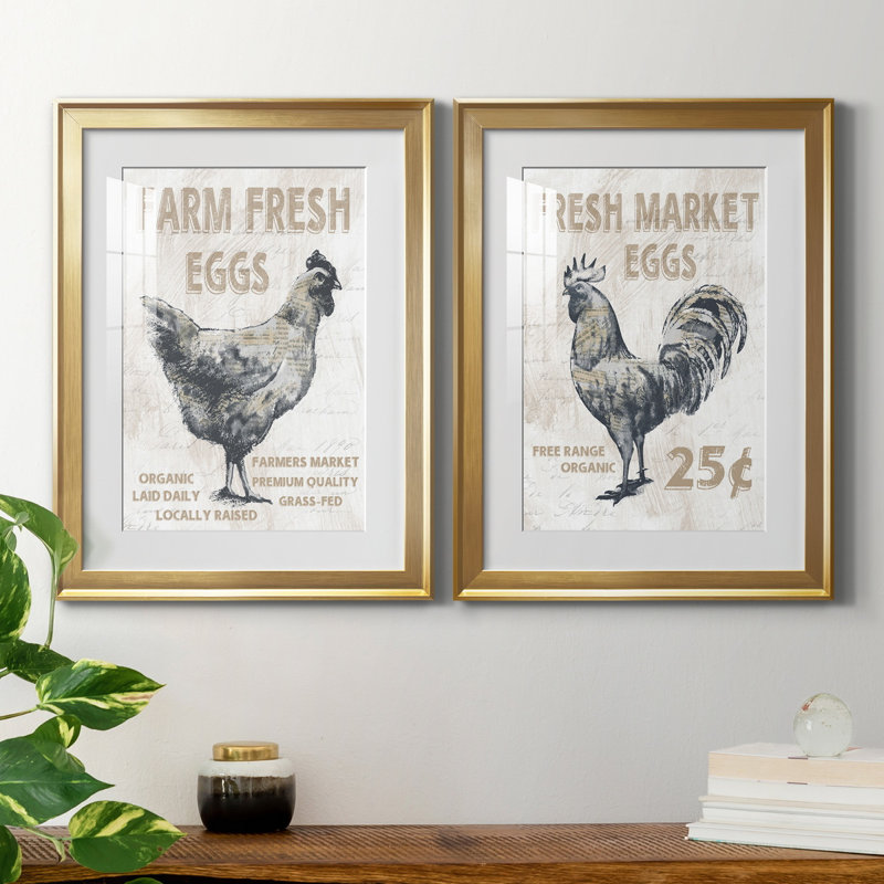 Farm Fresh Chicken - ensemble de 2 reproductions, Blanc, H 18,5 po x l 49 po x P 1,5 po, Papier encadré doré