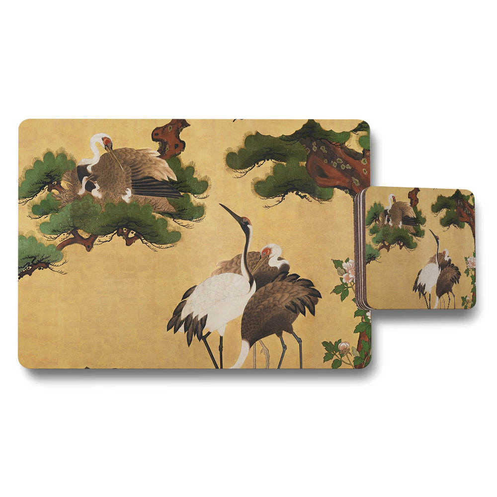 Crane Themed Placemat And Coaster Set With Golden Background Artwork