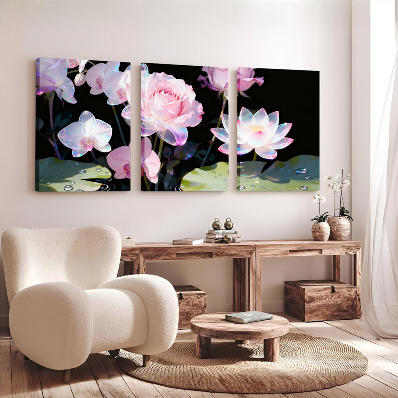 Ensemble de 3 toiles murales à motifs floraux de roses roses et d'orchidées, H 18 po x l 36 po
