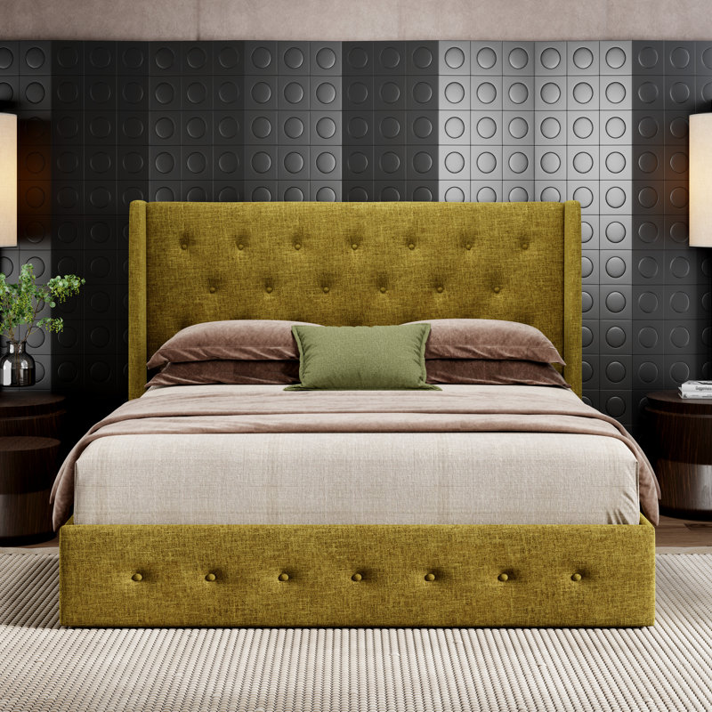 Lit plateforme tapissier avec rangement Bertile, sans sommier tapissier, espace de rangement spacieux, Grand lit, Bleu gris