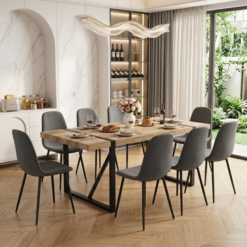 9-Piece Modern Industrial Rectangular Wood Dining Set with Metal Base and Upholstered Chairs, 9 Piece Dining Set, Gray Chairs