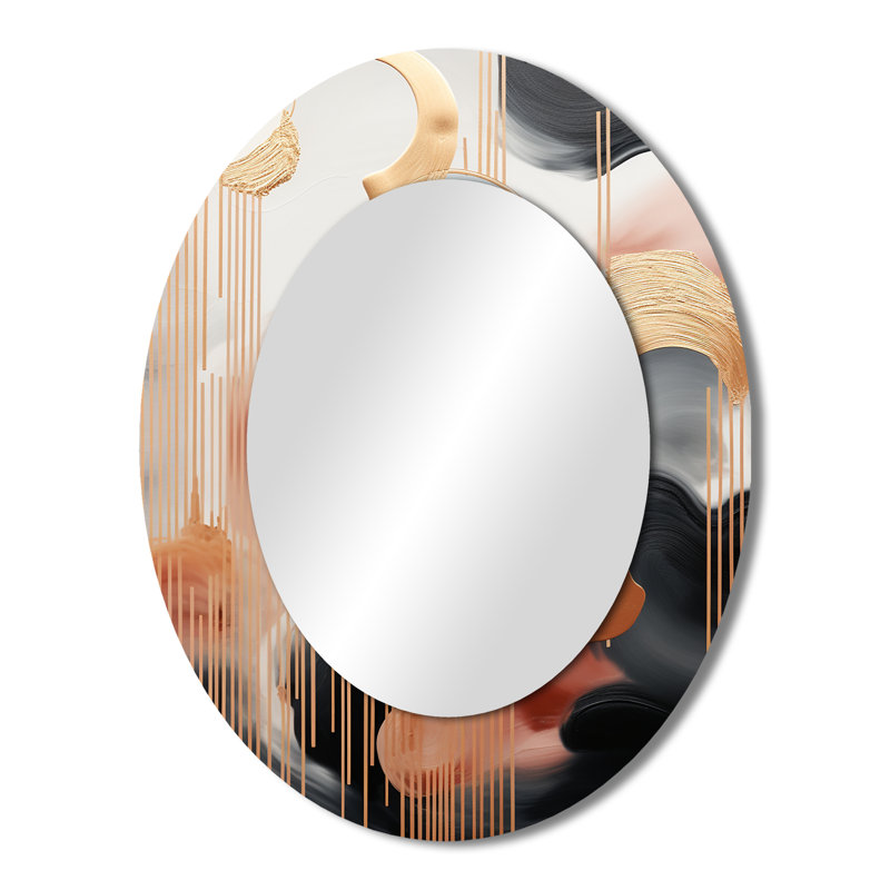 Gold And White Abstract Shapes Harmony III - Abstract Oval Decorative Mirror On Metal, 43" x 33"