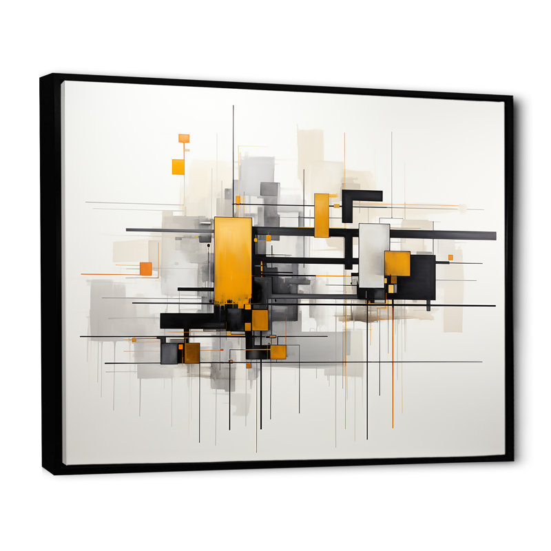 «Yellow Cityscape Journey Ensemble I», art mural abstrait, Cadre flottant noir, H 30 po x l 40 po x P 1,5 po