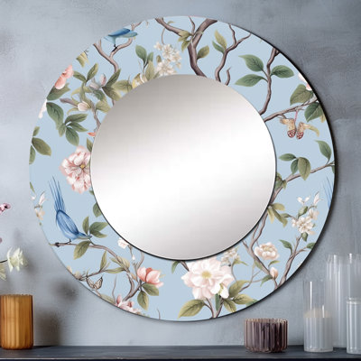 Chinoiserie With Birds and Peonies XIII - Floral Unique Mirror, Blue Large Round Wall Mirror, Printed Metal Art