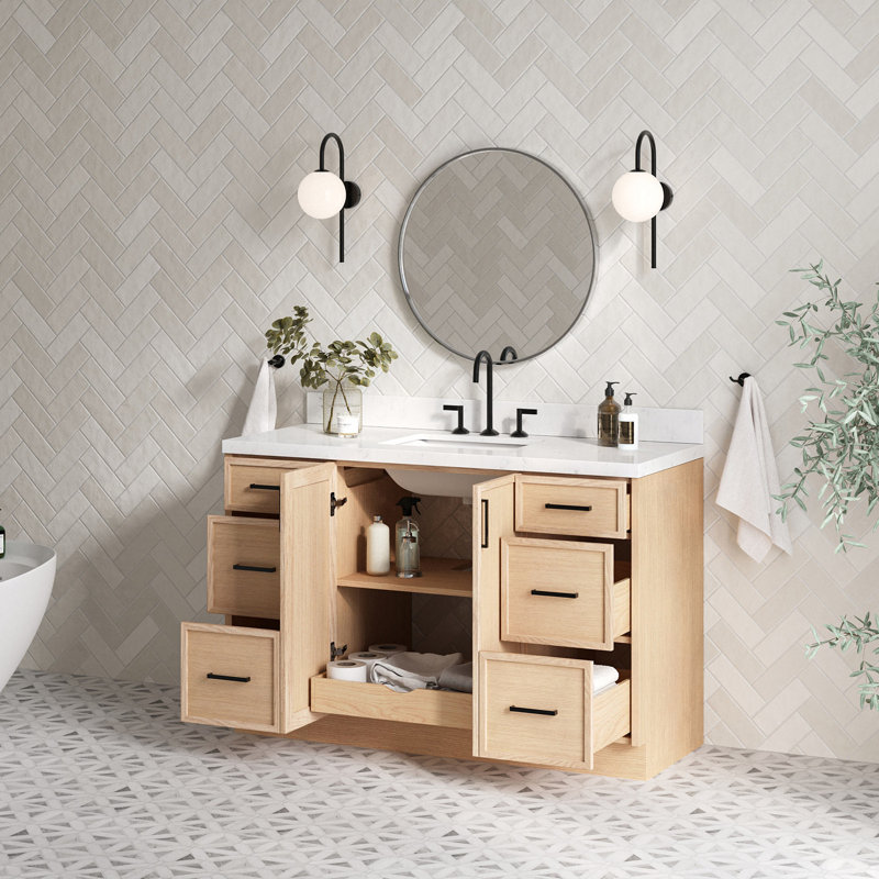 ARIEL Kelly 54 Single Sink Bathroom Vanity with Carrara Quartz Top, Oak