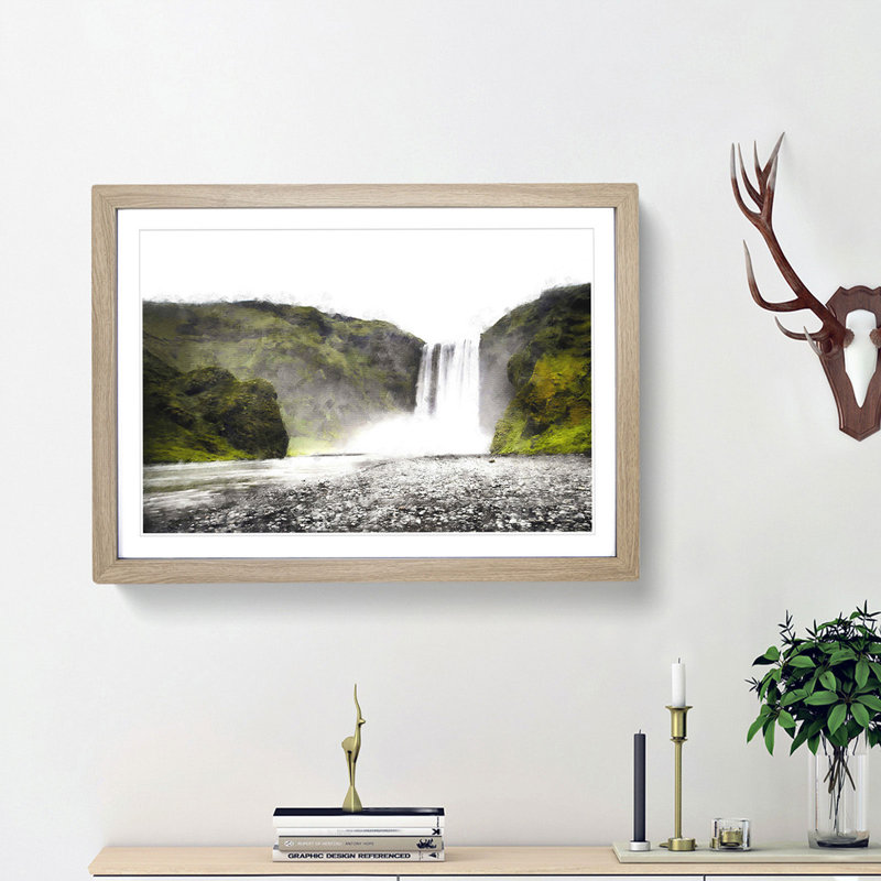 Waterfall in Selfoss Iceland - Picture Frame Painting Print, 62cm H x 87cm W x 2cm D, Oak Framed