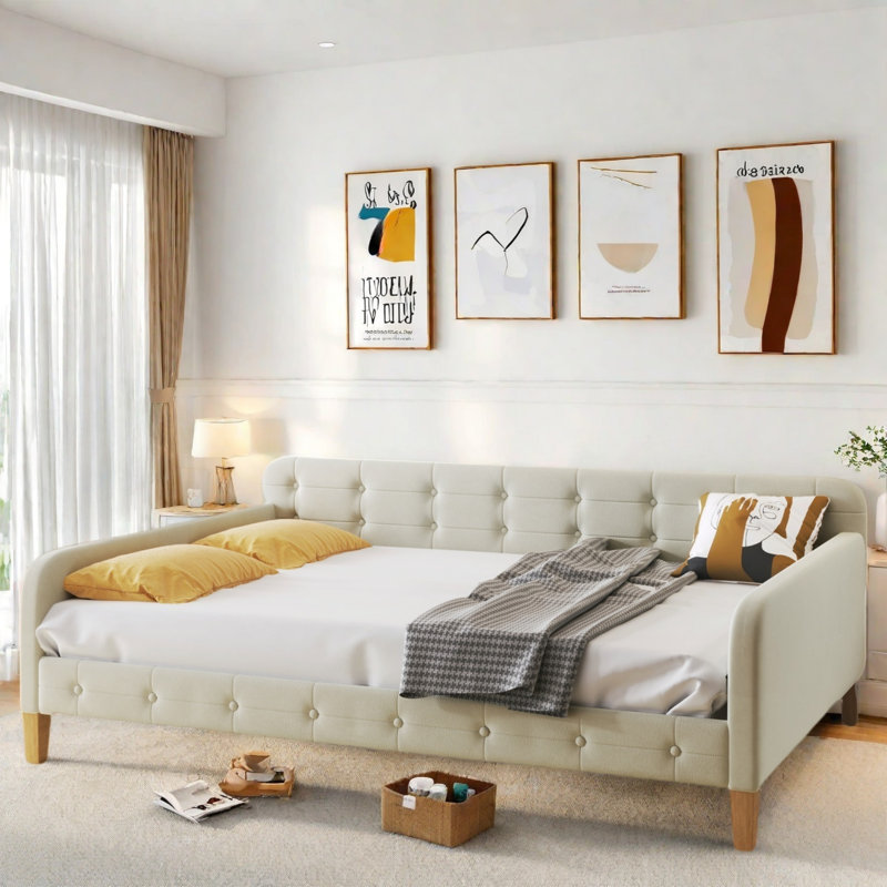 Upholstered Daybed With 4 Support Legs, White