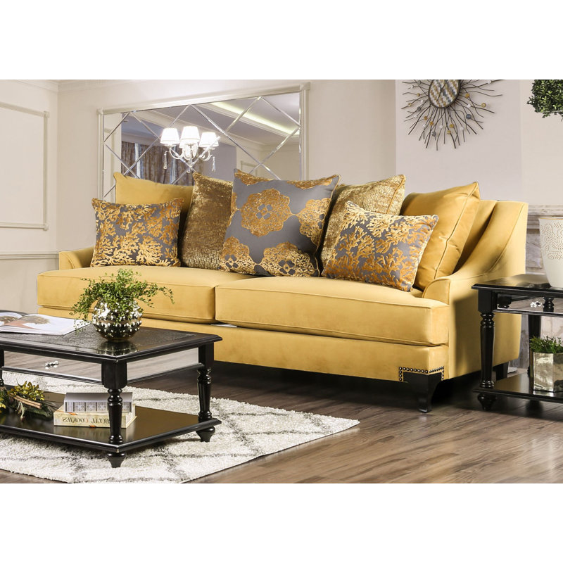 91.4" W Traditional Sofa, Gold, Gold/Grey Fabric