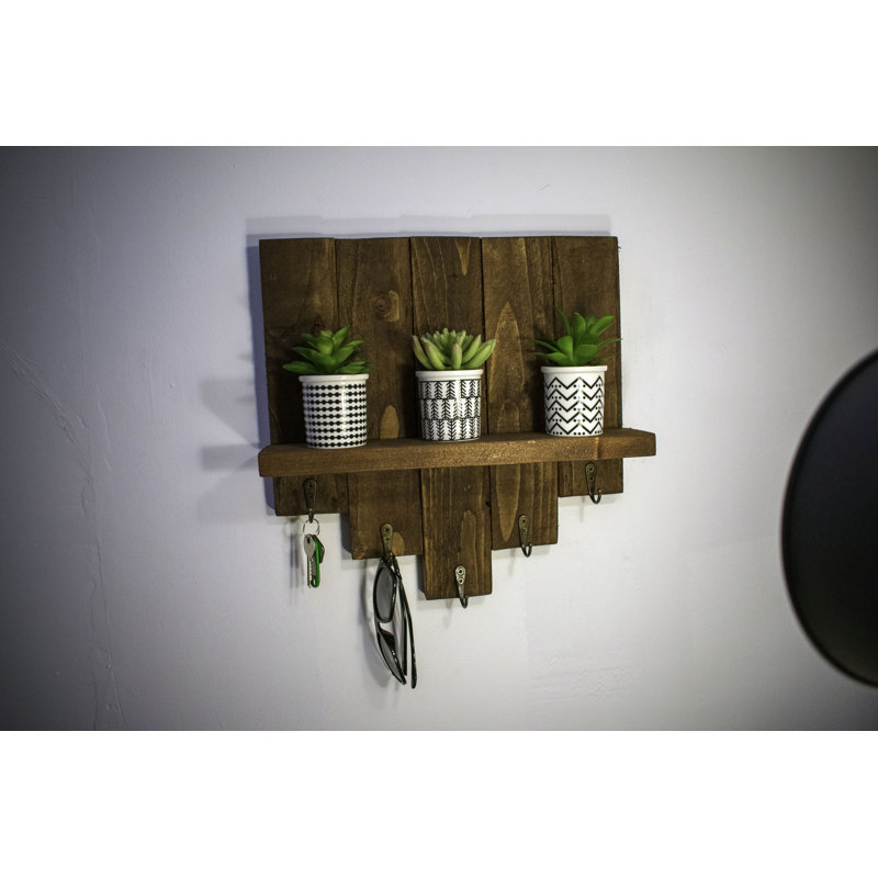 Ravenden Pine Solid Wood Floating Shelf with Hooks, Warm Oak